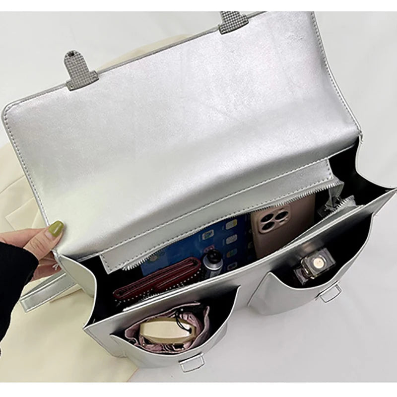 Fashion Vingate Style Women OL Minimalist Backpacks Girl High-Capacity HandBags Briefcase Silvery Shoulder Bags