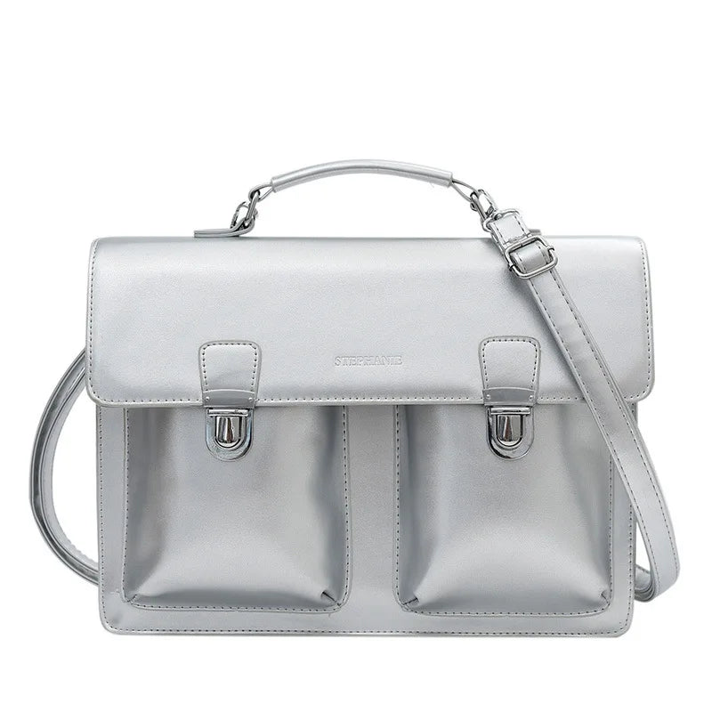 Fashion Vingate Style Women OL Minimalist Backpacks Girl High-Capacity HandBags Briefcase Silvery Shoulder Bags