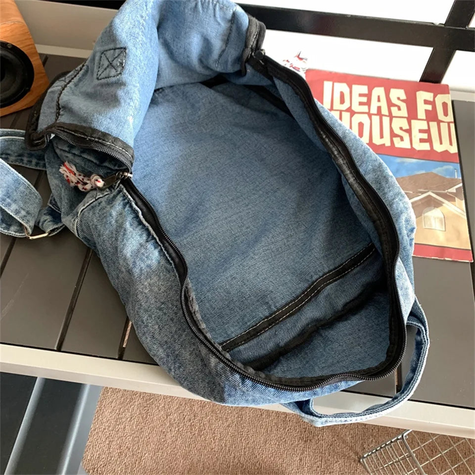 Fashion Waterproof Denim Backpack Women Casual Rucksack Shoulder Bag Nylon Big Capacity School Bag Knapsack