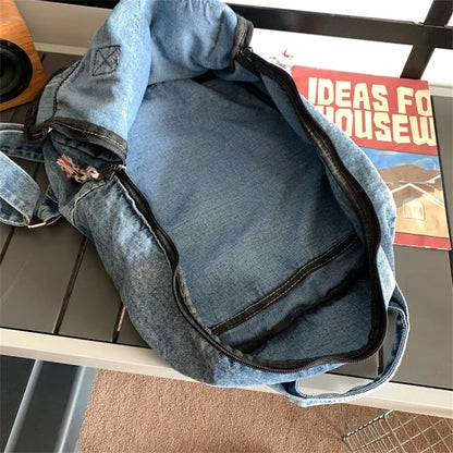 Fashion Waterproof Denim Backpack Women Casual Rucksack Shoulder Bag Nylon Big Capacity School Bag Knapsack