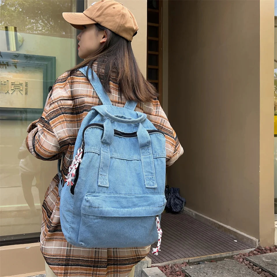 Fashion Waterproof Denim Backpack Women Casual Rucksack Shoulder Bag Nylon Big Capacity School Bag Knapsack