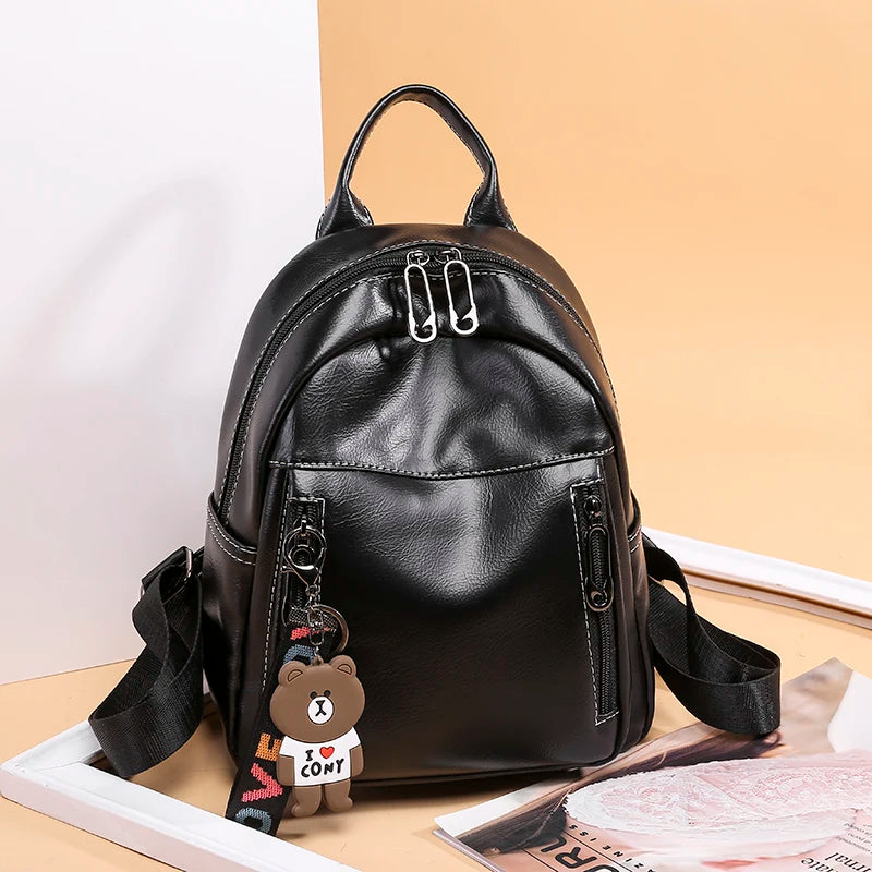 Fashion Women Black Casual Multiple Pockets Backpack Female Large Capacity Zipper Closure Daypack Satchel with Bear Pendant