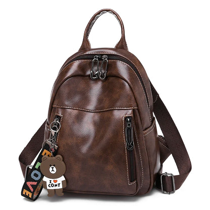 Fashion Women Black Casual Multiple Pockets Backpack Female Large Capacity Zipper Closure Daypack Satchel with Bear Pendant