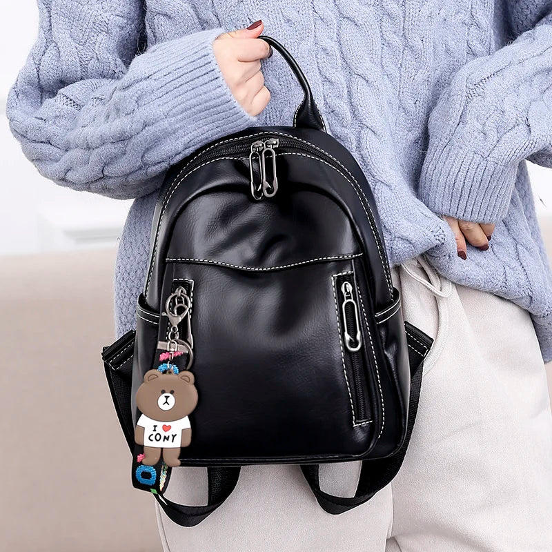 Fashion Women Black Casual Multiple Pockets Backpack Female Large Capacity Zipper Closure Daypack Satchel with Bear Pendant