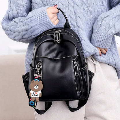 Fashion Women Black Casual Multiple Pockets Backpack Female Large Capacity Zipper Closure Daypack Satchel with Bear Pendant