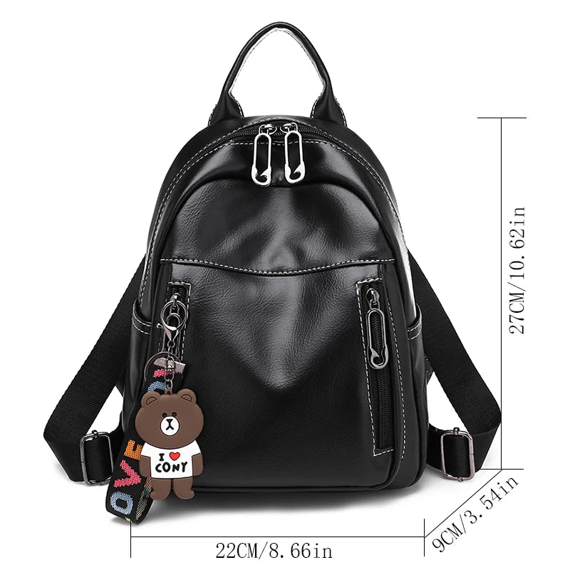 Fashion Women Black Casual Multiple Pockets Backpack Female Large Capacity Zipper Closure Daypack Satchel with Bear Pendant