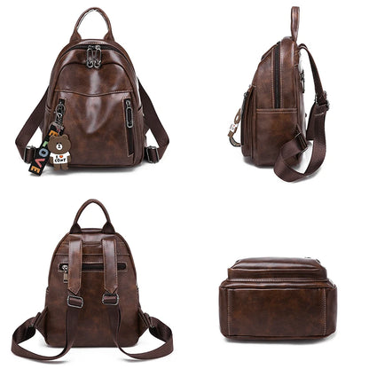 Fashion Women Black Casual Multiple Pockets Backpack Female Large Capacity Zipper Closure Daypack Satchel with Bear Pendant