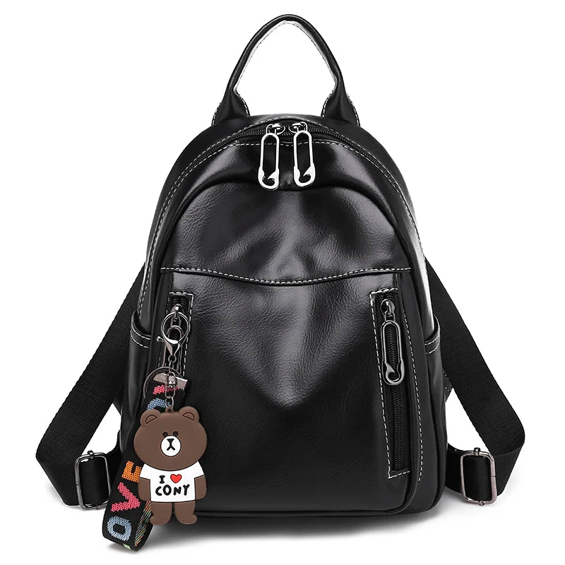 Fashion Women Black Casual Multiple Pockets Backpack Female Large Capacity Zipper Closure Daypack Satchel with Bear Pendant