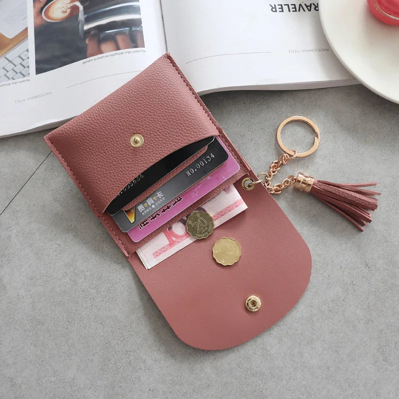 Fashion Women Credit Card holder with Key Ring Small Tassel Cards Wallets for Girls Lady Sweet Mini Purse porte carte