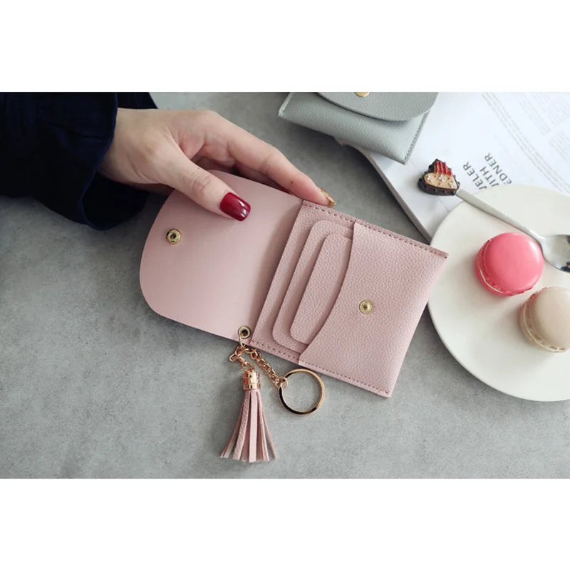 Fashion Women Credit Card holder with Key Ring Small Tassel Cards Wallets for Girls Lady Sweet Mini Purse porte carte