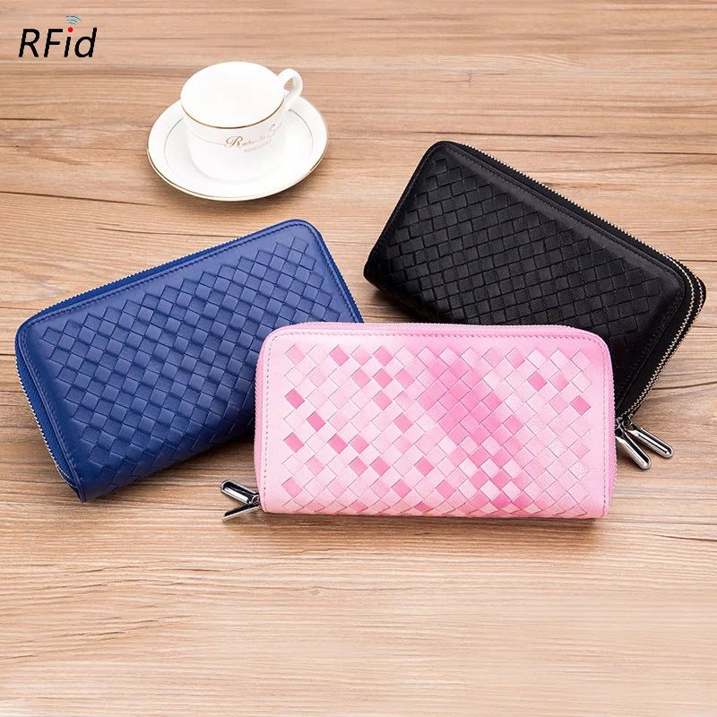 Fashion Women Genuine Leather Long Wallet Soft Sheepskin Clutch Purse Double Zipper RFID Mobile Phone Bags Portefeuille Femme