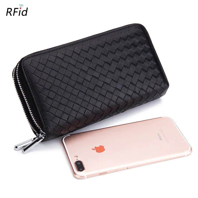 Fashion Women Genuine Leather Long Wallet Soft Sheepskin Clutch Purse Double Zipper RFID Mobile Phone Bags Portefeuille Femme