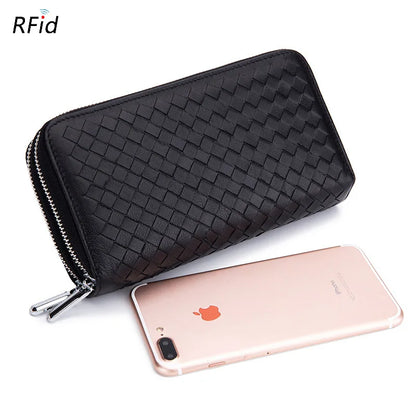 Fashion Women Genuine Leather Long Wallet Soft Sheepskin Clutch Purse Double Zipper RFID Mobile Phone Bags Portefeuille Femme