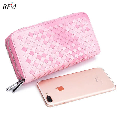 Fashion Women Genuine Leather Long Wallet Soft Sheepskin Clutch Purse Double Zipper RFID Mobile Phone Bags Portefeuille Femme