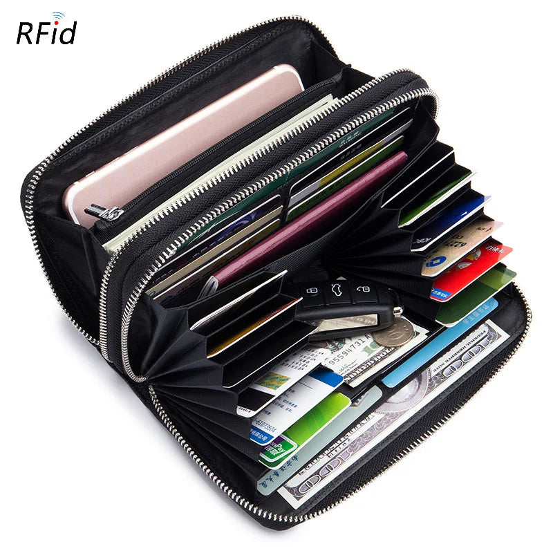 Fashion Women Genuine Leather Long Wallet Soft Sheepskin Clutch Purse Double Zipper RFID Mobile Phone Bags Portefeuille Femme