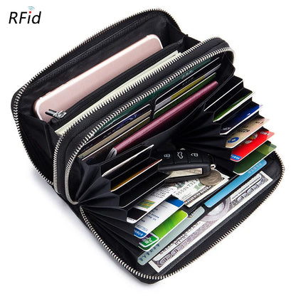 Fashion Women Genuine Leather Long Wallet Soft Sheepskin Clutch Purse Double Zipper RFID Mobile Phone Bags Portefeuille Femme