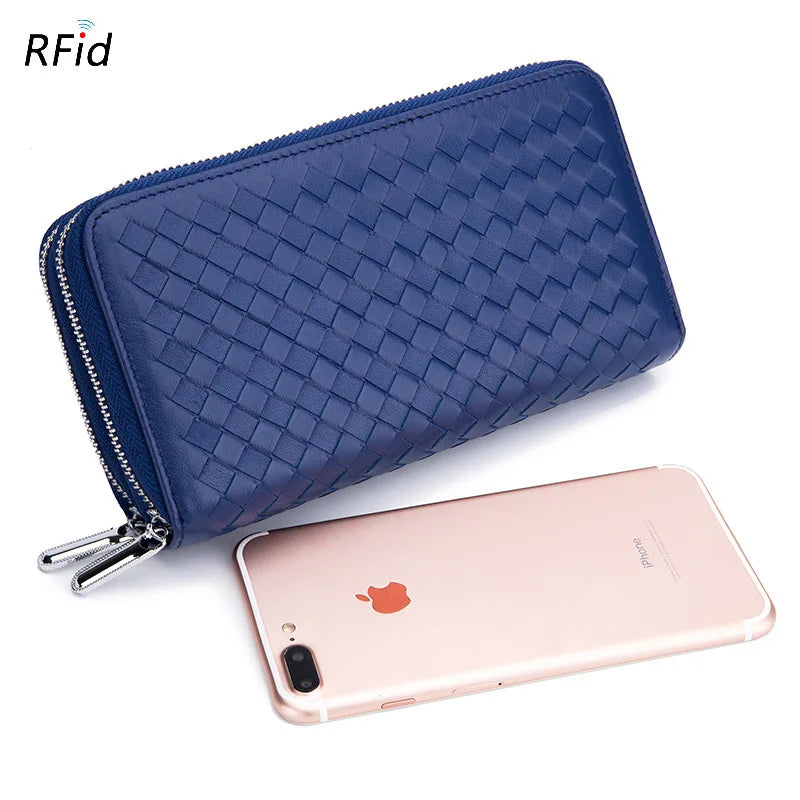 Fashion Women Genuine Leather Long Wallet Soft Sheepskin Clutch Purse Double Zipper RFID Mobile Phone Bags Portefeuille Femme