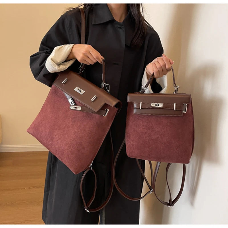 Fashion Women High Capacity Vintage Nubuck Backpacks HandBags Female Retro Cross Buckle Travel Shoulder Bags