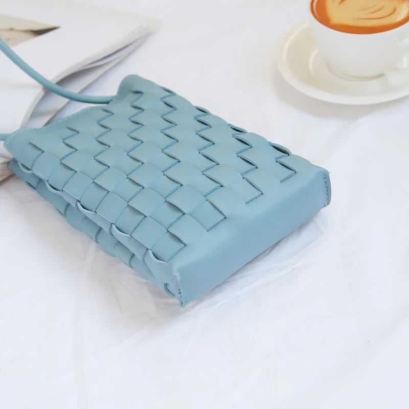 Fashion Women Knitting Mini Mobile Phone Bags Fresh Blue Crossbody Handbags and Purse Designer Small Shoulder Bag High Quality
