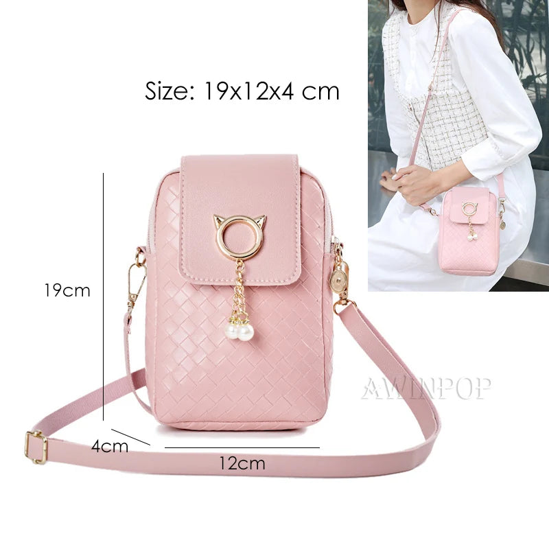 Fashion Women Knitting Mini Mobile Phone Bags Fresh Blue Crossbody Handbags and Purse Designer Small Shoulder Bag High Quality