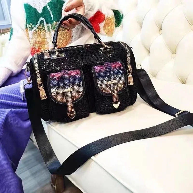 Fashion Women Mesh Netting Iridescent Paillette Rhinestone Messenger Bag Lady Casual Shiny Office Pockets Portable Handbag