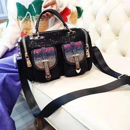 Fashion Women Mesh Netting Iridescent Paillette Rhinestone Messenger Bag Lady Casual Shiny Office Pockets Portable Handbag