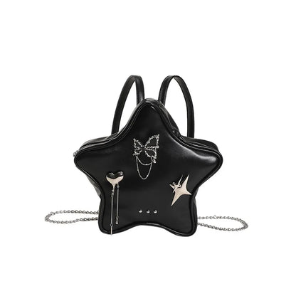 Fashion Women Moto Style Hottie Gyaru Star PU Backpacks Lolita Girls Metal Butterfly Pendants Chain Shoulder Bags