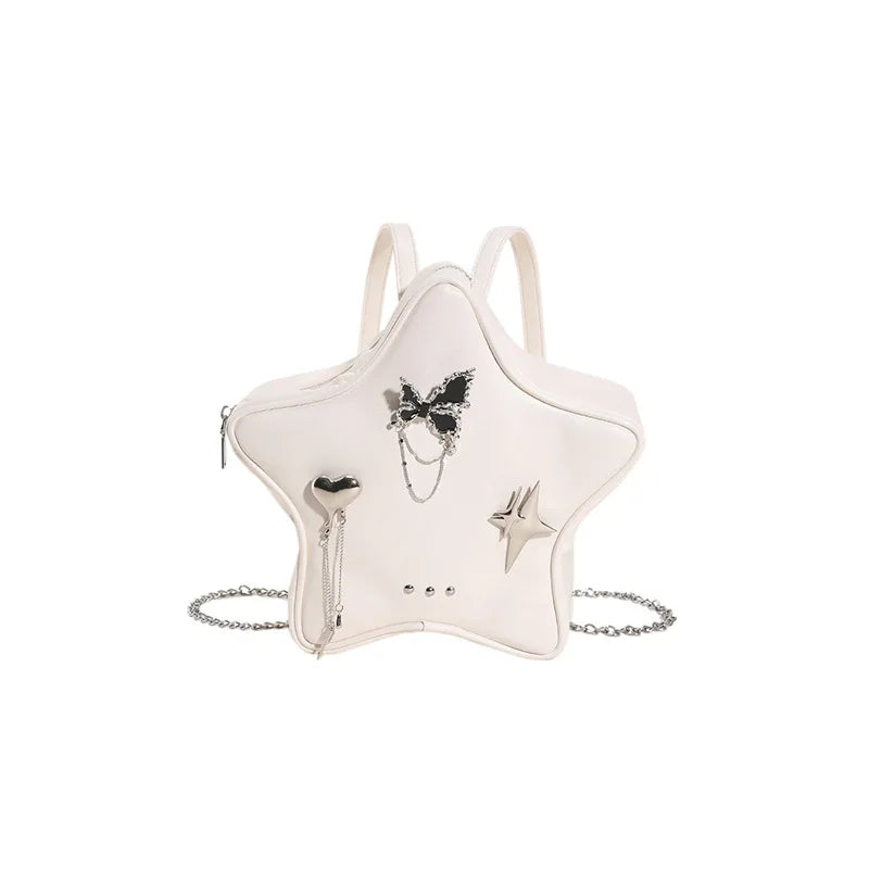 Fashion Women Moto Style Hottie Gyaru Star PU Backpacks Lolita Girls Metal Butterfly Pendants Chain Shoulder Bags
