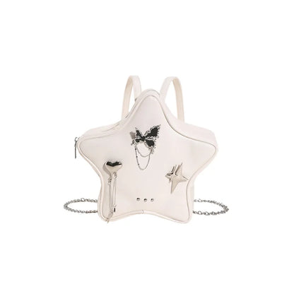 Fashion Women Moto Style Hottie Gyaru Star PU Backpacks Lolita Girls Metal Butterfly Pendants Chain Shoulder Bags