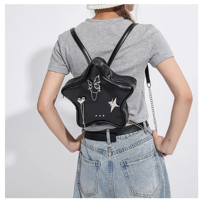 Fashion Women Moto Style Hottie Gyaru Star PU Backpacks Lolita Girls Metal Butterfly Pendants Chain Shoulder Bags