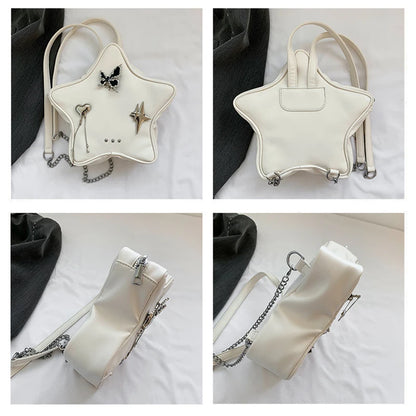 Fashion Women Moto Style Hottie Gyaru Star PU Backpacks Lolita Girls Metal Butterfly Pendants Chain Shoulder Bags