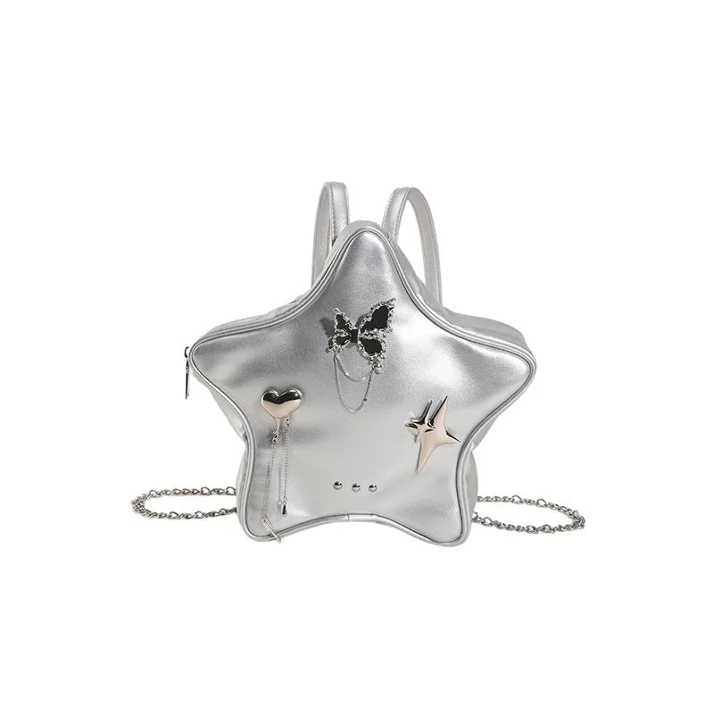 Fashion Women Moto Style Hottie Gyaru Star PU Backpacks Lolita Girls Metal Butterfly Pendants Chain Shoulder Bags