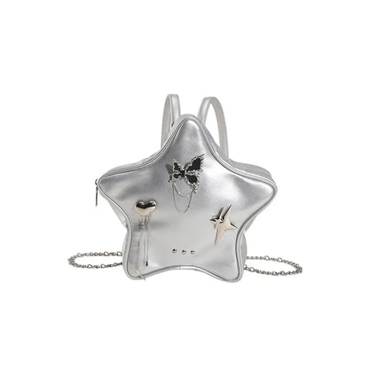 Fashion Women Moto Style Hottie Gyaru Star PU Backpacks Lolita Girls Metal Butterfly Pendants Chain Shoulder Bags