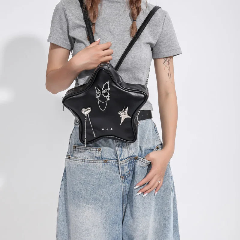 Fashion Women Moto Style Hottie Gyaru Star PU Backpacks Lolita Girls Metal Butterfly Pendants Chain Shoulder Bags