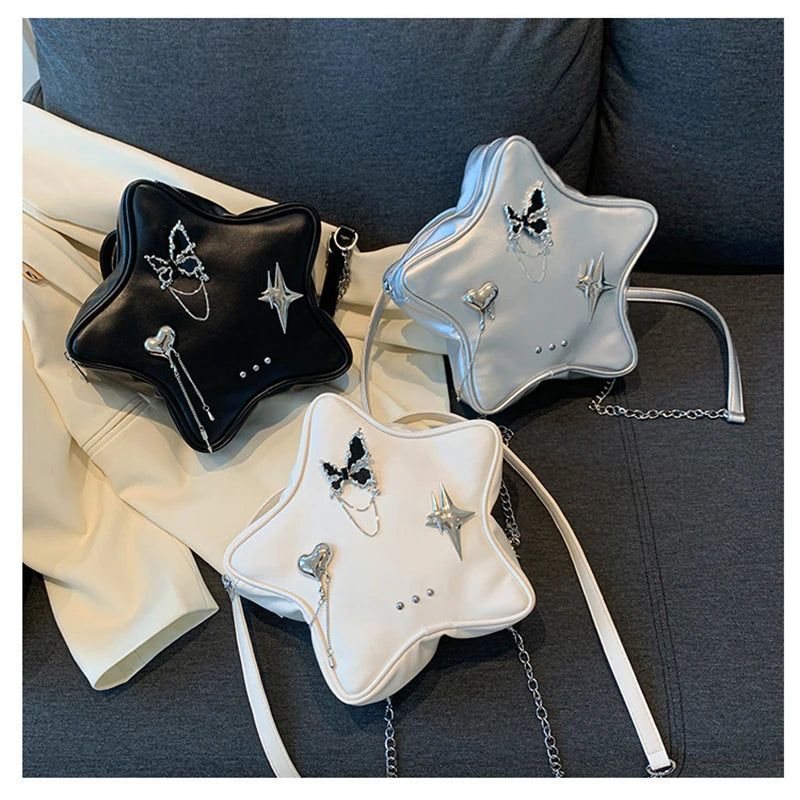 Fashion Women Moto Style Hottie Gyaru Star PU Backpacks Lolita Girls Metal Butterfly Pendants Chain Shoulder Bags