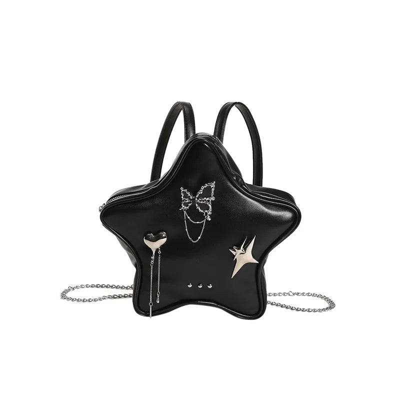 Fashion Women Moto Style Hottie Gyaru Star PU Backpacks Lolita Girls Metal Butterfly Pendants Chain Shoulder Bags