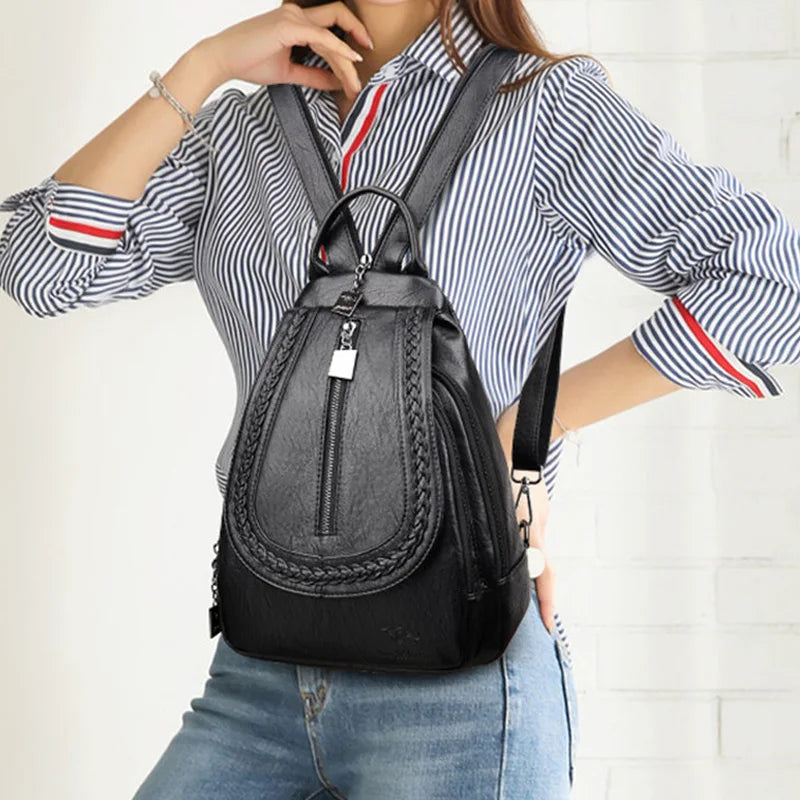 Fashion Women Soft Leather Backpacks Female School Book Bags Large Capacity Shopping Travel Knapsack Femme New Casual Rucksack