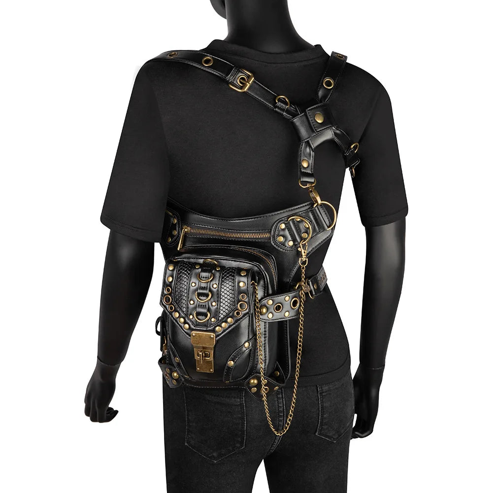 Fashion Women Steam Punk Gothic Motorcycle Bag Women PU leather Bag Shoulders Bag Rivet Chian Waist Bag