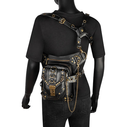 Fashion Women Steam Punk Gothic Motorcycle Bag Women PU leather Bag Shoulders Bag Rivet Chian Waist Bag