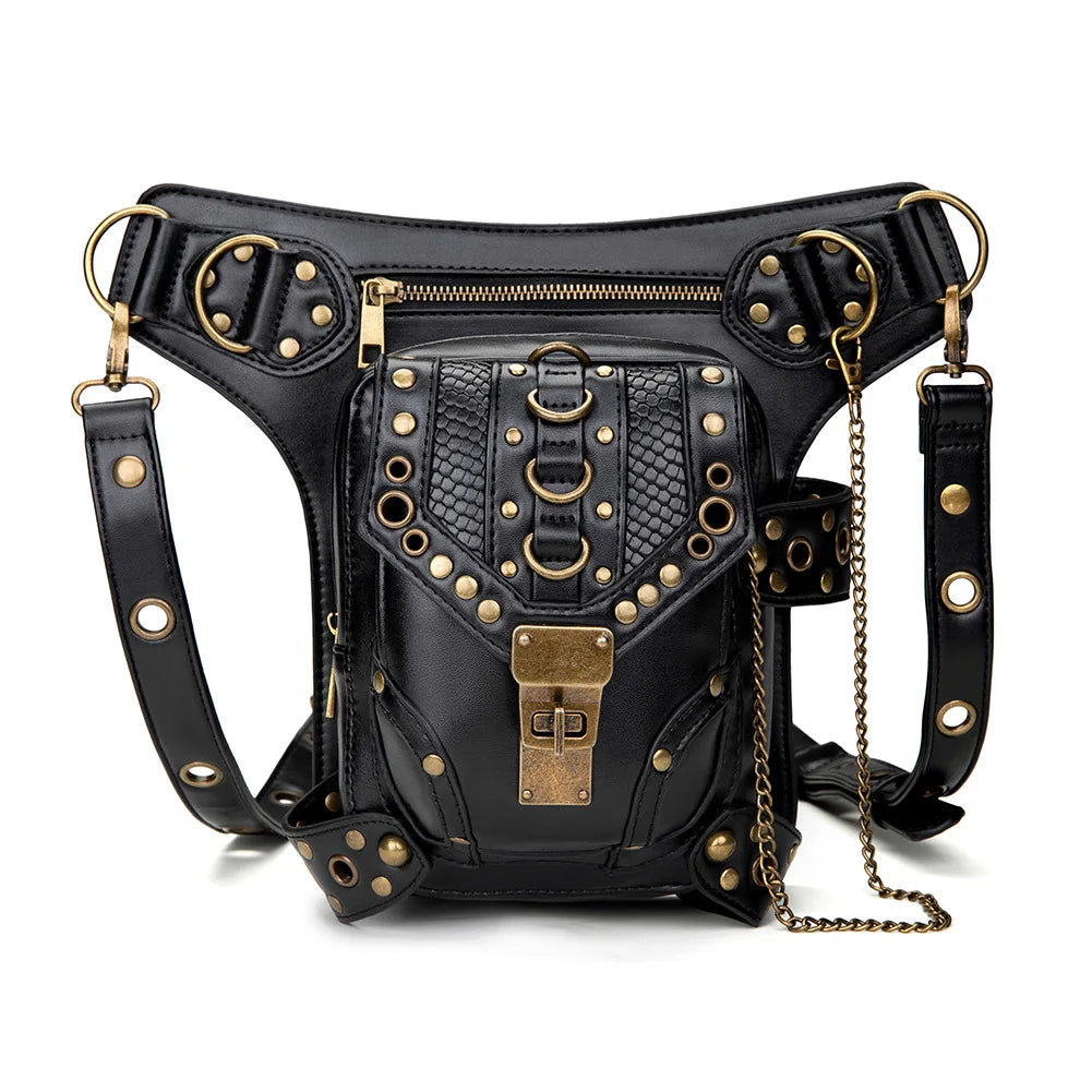 Fashion Women Steam Punk Gothic Motorcycle Bag Women PU leather Bag Shoulders Bag Rivet Chian Waist Bag