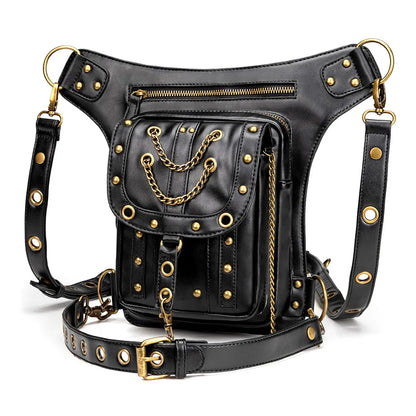 Fashion Women Steam Punk Gothic Motorcycle Bag Women PU leather Bag Shoulders Bag Rivet Chian Waist Bag