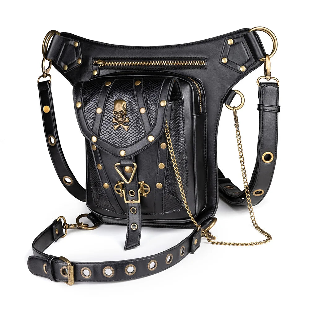 Fashion Women Steam Punk Gothic Motorcycle Bag Women PU leather Bag Shoulders Bag Rivet Chian Waist Bag