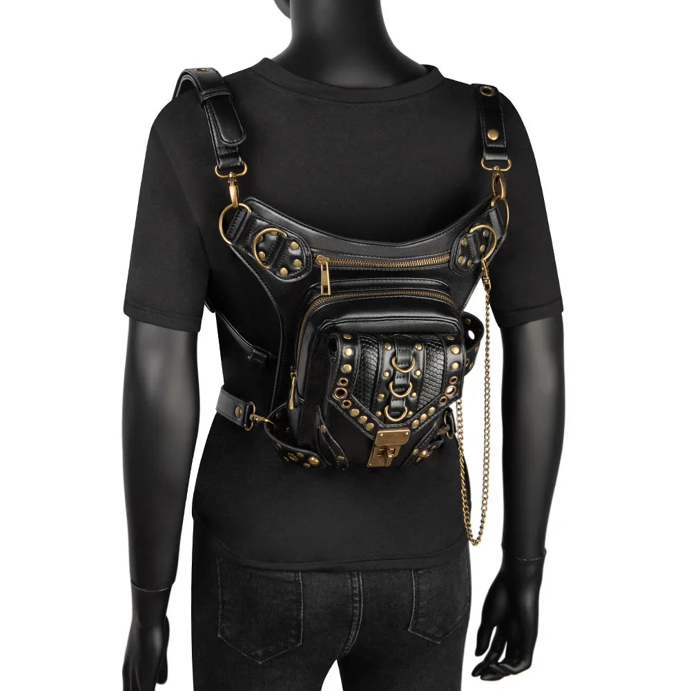 Fashion Women Steam Punk Gothic Motorcycle Bag Women PU leather Bag Shoulders Bag Rivet Chian Waist Bag