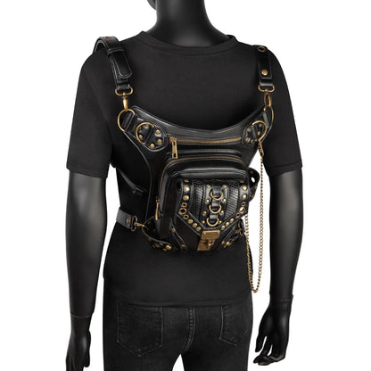 Fashion Women Steam Punk Gothic Motorcycle Bag Women PU leather Bag Shoulders Bag Rivet Chian Waist Bag