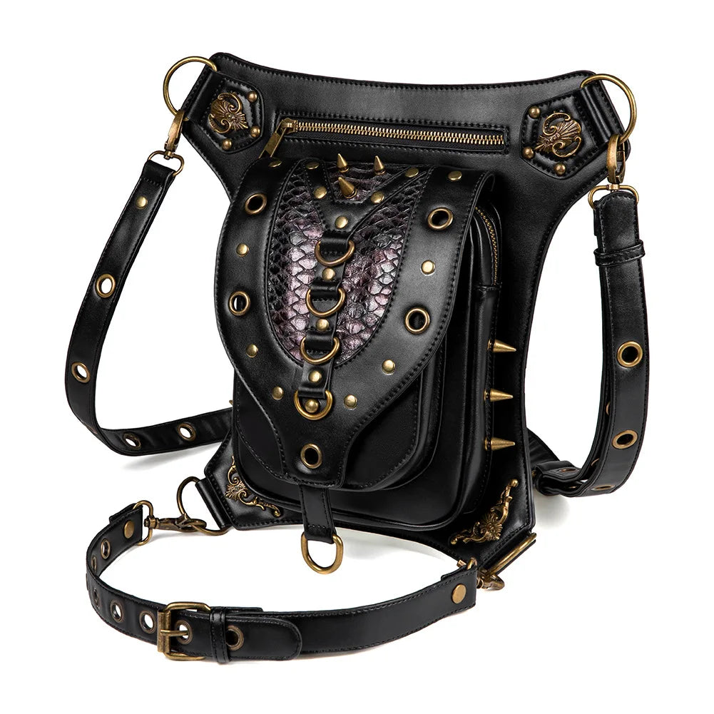 Fashion Women Steam Punk Gothic Motorcycle Bag Women PU leather Bag Shoulders Bag Rivet Chian Waist Bag