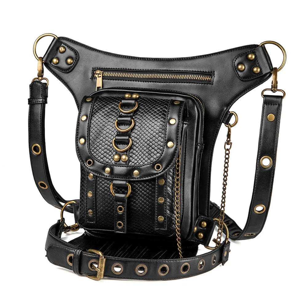 Fashion Women Steam Punk Gothic Motorcycle Bag Women PU leather Bag Shoulders Bag Rivet Chian Waist Bag