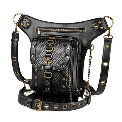 Fashion Women Steam Punk Gothic Motorcycle Bag Women PU leather Bag Shoulders Bag Rivet Chian Waist Bag