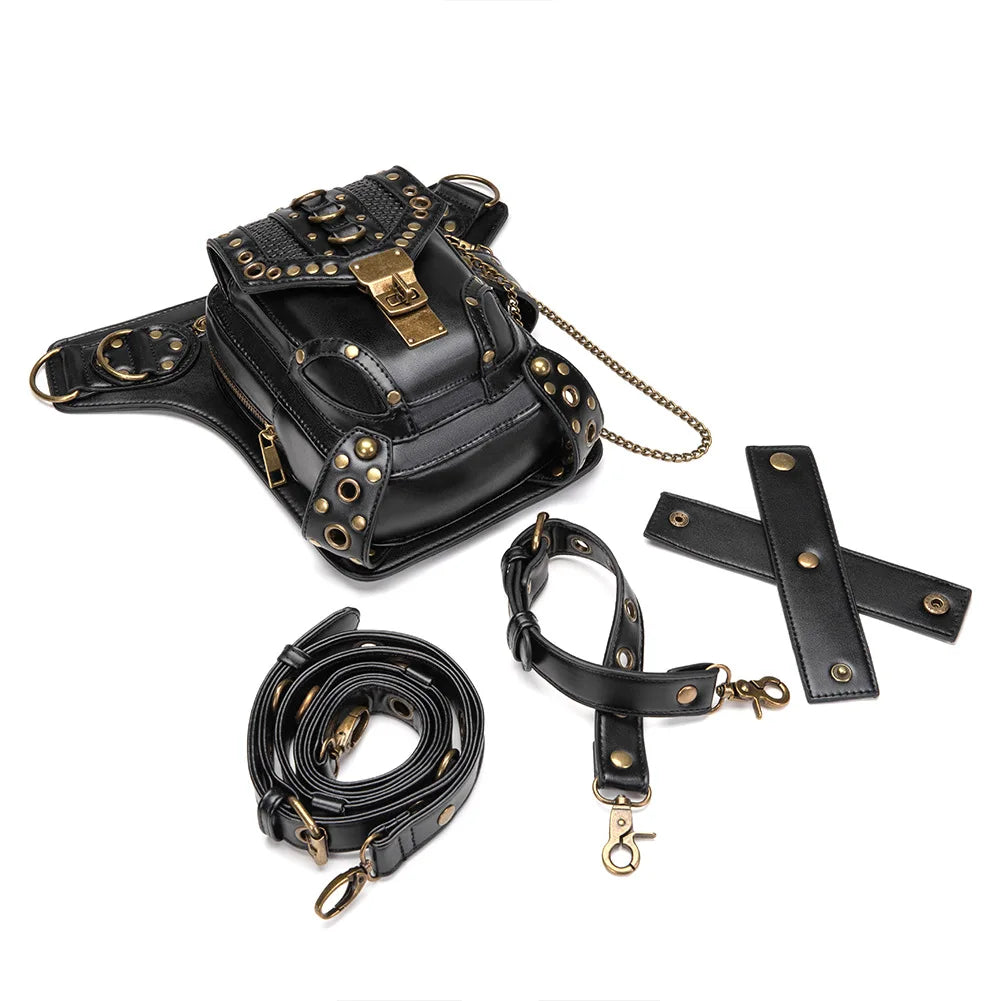 Fashion Women Steam Punk Gothic Motorcycle Bag Women PU leather Bag Shoulders Bag Rivet Chian Waist Bag