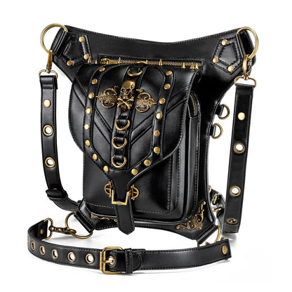 Fashion Women Steam Punk Gothic Motorcycle Bag Women PU leather Bag Shoulders Bag Rivet Chian Waist Bag