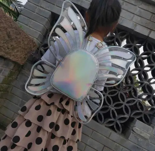 Fashion Women's Laser Mini Backpack Butterfly Angel Wings Daypack for Girls Travel Casual Daypack School Bag Holographic Leather